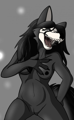 4_fingers anthro black_hair black_nipples black_nose black_sclera bone breasts eyelashes female fingers front_view fur genitals grey_background grey_body grey_fur hair hand_on_chest long_hair looking_at_viewer navel nipples nude open_mouth simple_background skull skull_head solo thick_thighs uvula vulva white_eyes wide_hips pen-and-paper scp_foundation scp-1471-a canid canid_demon demon malo mammal skull_dog skulldog_(species) hi_res