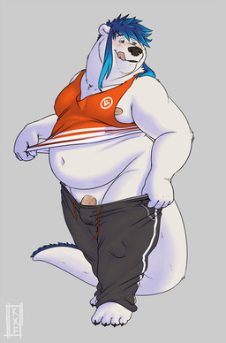 anthro blush bulge clothed clothing clothing_lift detailed_bulge genital_outline genitals humanoid_genitalia humanoid_penis licking licking_lips male nipples overweight overweight_anthro overweight_male partially_clothed penis penis_outline pulling_pants_down shirt shirt_lift simple_background solo standing tail tongue tongue_out topwear kronexfire mythology krone_(kronexfire) bear dragon hybrid mammal mythological_creature mythological_scalie scalie 2019 hi_res