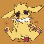 1:1 2014 ambiguous_gender anthro anthrofied blood blood_from_wound blood_splatter bodily_fluids bruised bruised_arm container cup dead_eyes ears_down eeveelution fur fur_tuft generation_1_pokemon gore hema_(pyonko) japanese_text jar jolteon measuring_cup mentally_troubled_eeveelutions nintendo pawpads paws pivoted_ears pokemon pokemon_(species) pyonko sad solo syringe text translated tuft wounded yellow_body yellow_fur