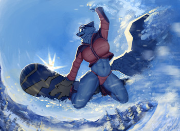 abs anthro big_tail biped clothing eyewear female fluffy fluffy_tail fur goggles jacket jumping navel outside snow snowboard snowboarding sunny tail topwear white_body white_fur winter mainlinemojo arctic_fox canid canine fox mammal true_fox 2021 absurd_res hi_res