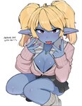 alternative_fashion big_breasts blonde_hair blue_body blush bottomwear bra breasts cleavage clothed clothing ear_piercing female gesture gyaru hair hand_gesture humanoid_pointy_ears j-fashion kneeling kogal long_nails piercing pigtails pointy_ears purple_eyes skirt solo square_nails tongue tongue_out tongue_piercing underwear v_sign ohasiart league_of_legends riot_games tencent poppy_(lol) humanoid yordle pastel_theme