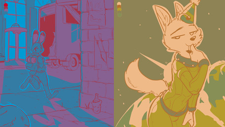 ambiguous_gender antennae_(anatomy) anthro backpack barefoot bottle bottomwear cheek_tuft clothed clothing color_swatch container dipstick_ears ear_markings facial_tuft feet half-closed_eyes hoodie inner_ear_fluff leaning leaning_forward looking_at_viewer multicolored_ears narrowed_eyes outer_highlight outline outside pants running scut_tail short_tail solo space standing star street tail tongue tongue_out topwear truck tuft ittybittykittytittys disney zootopia daxy_(adaxyn) judy_hopps alien canid canine canis coyote lagomorph leporid mammal rabbit 16:9 2020 digital_drawing_(artwork) digital_media_(artwork) hi_res line_art multiple_images restricted_palette widescreen