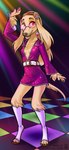 accessory anthro belt biped black_nose blonde_hair breasts claws cleavage closed_smile clothed clothing dancing digitigrade disco dress ear_piercing ear_ring eyewear female footwear glasses glistening hair hair_accessory hairband long_hair looking_at_viewer mouth_closed pawpads piercing pince-nez pink_clothing pink_dress ring_piercing small_breasts smile solo toe_claws white_clothing white_footwear yellow_body lichfang afghan_hound canid canine canis domestic_dog hunting_dog mammal sighthound 2025 hi_res