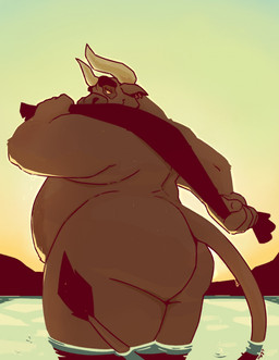 anthro belly big_belly big_butt brown_body brown_fur butt ear_piercing ear_ring fur glistening glistening_eyes horn huge_belly huge_butt male male_anthro narrowed_eyes nude obese obese_anthro obese_male outside overweight overweight_anthro overweight_male partially_submerged piercing ring_piercing solo standing tail tail_tuft tuft wet wet_body chocolateandmilk bovid bovine cattle mammal hi_res