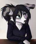 anthro black_hair black_nose breasts clothed clothing female fur green_eyes grey_body grey_fur hair solo aseethe vivi_(aseethe) canid canine canis domestic_dog mammal 2018 digital_media_(artwork)