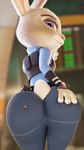 against_butt anthro big_butt butt clothing crush extreme_size_difference female group hand_on_butt looking_back looking_down macro narrowed_eyes police police_uniform purple_eyes rear_view scut_tail short_tail size_difference smile standing tail thick_thighs trio uniform worsesfm disney zootopia judy_hopps human lagomorph mammal 2022 3d_(artwork) absurd_res digital_media_(artwork) hi_res