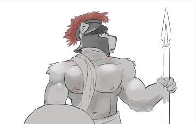 anthro armor bite_mark fluffy headgear helmet male muscular muscular_male smelly solo spartan_armor_(roman) alexnax canid canine canis mammal wolf hi_res