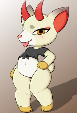 2_horns anthro belly biped blush blush_lines bottomless clothed clothing eyelashes female flat_chested genitals gradient_background hand_on_hip hoof_hands hooves horn looking_at_viewer pupils shadow sharp_teeth simple_background solo standing teeth tongue tongue_out vulva white_sclera wide_hips zinzoa animal_crossing nintendo shino_(animal_crossing) deer mammal 2025 absurd_res hi_res