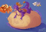 abdominal_bulge belly big_belly bodily_fluids burping burping_fire feral feral_pred horn huge_belly hyper hyper_belly open_mouth purple_body purple_scales resting_on_belly saliva scales simple_background smaller_pred soft_vore tail tan_body tan_scales text tongue vore blitzit activision european_mythology mythology spyro_the_dragon sparx spyro dragon mythological_creature mythological_scalie scalie western_dragon 2024 english_text hi_res signature male_(lore)