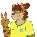 anthro brazil brazilian brown_hair cheek_marks clothed clothing fur gesture hair hand_gesture jersey long_hair male markings overweight overweight_anthro overweight_male ponytail simple_background slightly_chubby soccer soccer_jersey soccer_uniform solo sport sportswear striped_markings stripes topwear uniform v_sign omathelzu9 fifa nike gabe_(mytigertail) felid mammal pantherine tiger 1:1 digital_media_(artwork)