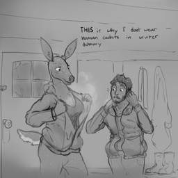 anthro beard boots clothed clothing dialogue door duo facial_hair female footwear hair jacket male male/female scarf shirt shoes snow tail tank_top text topwear undressing lockheed_martini may_(lockheed_martini) deer human mammal 1:1 english_text greyscale hi_res monochrome sketch