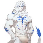 anthro blue_eyes blue_markings bulge clothed clothing front_view fur hair looking_at_viewer male markings muscular muscular_anthro muscular_male simple_background solo tail tail_tuft topless tuft underwear white_background white_body white_fur white_hair awaldkize felid lion mammal pantherine 1:1 absurd_res hi_res