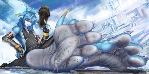 4_fingers 4_toes anthro armwear barefoot black_armwear black_clothing blue_body building butt city_crushing city_destruction claws clothing debris destruction detailed_feet dirty dirty_feet dirty_soles duo dust_cloud extreme_size_difference feet fingers foot_fetish foot_focus foot_imprint foot_lick foot_play footwear giga holding_clothing holding_footwear holding_object horn humanoid_feet imprint licking macro male plantigrade red_eyes sandals shoes size_difference size_tiering soles stomping toe_claws toes tongue white_body wrinkled_feet wrinkles solutionwcs mythology dragon mythological_creature mythological_scalie scalie hi_res
