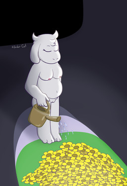 5_fingers anthro belly big_breasts blinking breasts casual_nudity eyelashes eyes_closed feet female fingers flower fur genitals golden_flower grass high-angle_view horn mature_anthro mature_female navel nipples nude nude_anthro nude_female overweight overweight_anthro overweight_female pink_nipples plant slightly_chubby solo standing toes vulva water watering watering_can white_body white_fur soder_cat undertale undertale_(series) toriel boss_monster_(undertale) bovid caprine goat mammal monster absurd_res digital_drawing_(artwork) digital_media_(artwork) hi_res