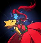 anthro ball_gown clothed clothing dancing dress duo eye_patch eyewear female female/female fully_clothed glasses hair happy red_hair smile lithromanticamethyst shojo_kakumei_utena undertale undertale_(series) alphys undyne fish lizard marine reptile scalie 2015 digital_media_(artwork) hi_res