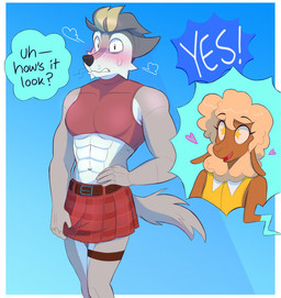 abs anthro belt blush bottomwear brown_body brown_fur checkered checkered_bottomwear checkered_clothing checkered_skirt clothed clothing crop_top crossdressing dialogue duo femboy fur grey_body grey_fur grey_hair hair heart_symbol legwear male miniskirt muscular muscular_male navel one_thigh_high pattern_bottomwear pattern_clothing pattern_skirt red_bottomwear red_clothing red_crop_top red_miniskirt red_shirt red_skirt red_topwear shirt skirt speech_bubble star_eyes tail tan_hair text thigh_highs topwear heresvix dani_(heresvix) henri_(heresvix) bovid canid canine canis caprine mammal sheep wolf 2025 english_text hi_res