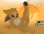 anthro anthrofied arm_support brown_nose brown_pawpads brown_sclera chest_tuft feet female fur genitals navel pawpads paws pokemorph presenting pussy raised_leg reclining semi-anthro simple_background slightly_chubby smile solo toes tuft kieba nintendo pokemon eevee generation_1_pokemon mammal pokemon_(species) 2018 digital_media_(artwork) hi_res