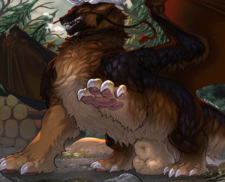 animal_genitalia balls balls_on_ground barbel_(anatomy) big_balls big_sheath brown_body brown_fur claws feral flesh_whiskers fully_sheathed fur genitals horn male membrane_(anatomy) membranous_wings nature outside pawpads plant sharp_teeth sheath smile solo teeth tree wings zhulya_(artist) mythology dragon furred_dragon furred_scalie mythological_creature mythological_scalie scalie hi_res