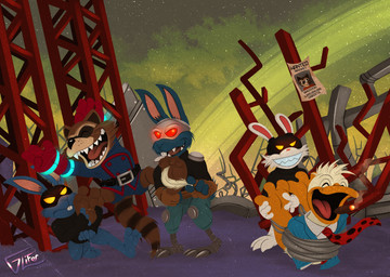 3_toes 4_fingers anthro beak belt biped black_nose blue_body blue_fur brown_body brown_fur buckteeth cheek_tuft cigarette cigarette_in_mouth clothed clothed_anthro clothed_male clothing facial_tuft feathers feet fingers fur fur_tuft gloves group handwear holding_feather laugh loose_feather male markings necktie object_in_mouth open_mouth open_smile orange_beak pattern_necktie red_clothing red_gloves red_handwear red_necktie smile spotted_necktie standing striped_markings striped_tail stripes tail tail_markings teeth tickle_fetish tickle_torture tickling tickling_feet toes tongue tuft wanted_poster whisker_spots whiskers white_body white_feathers glifer guardians_of_the_galaxy marvel blackjack_o'hare howard_the_duck rocket_raccoon anatid anseriform avian bird duck lagomorph leporid mammal procyonid rabbit raccoon digital_media_(artwork) hi_res