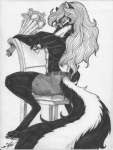 anthro bouquet chair clothed clothing eyewear furniture glasses hair long_hair looking_at_viewer male simple_background solo tail topless white_background wood wood_chair wood_furniture purplegriffin mammal mephitid skunk greyscale hi_res monochrome