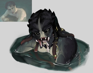 black_eyes furgonomic_jewelry furgonomic_piercing furgonomics looking_at_viewer male mandibles not_furry nude partially_submerged piercing pseudo_hair simple_background solo tentacle_hair tentacle_jewelry tentacle_ring tentacles water wet wet_body leafjuly predator_(franchise) alien alien_humanoid humanoid yautja absurd_res colored hi_res