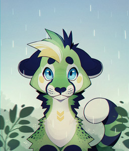 anthro blue_eyes ears_down front_view fur green_body green_fur looking_at_viewer markings neck_tuft outside pivoted_ears plant raining sky solo striped_markings striped_tail stripes tail tail_markings tuft white_body white_fur db0rk cheetah felid feline mammal 2019 digital_media_(artwork) hi_res