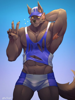 abs anthro armpit_hair athletic_wear baseball_cap belly_tuft biped blue_clothing body_hair bottomwear brown_body brown_fur chest_tuft claws clothed clothing facial_hair finger_claws front_view fur gesture glowing glowing_eyes gradient_background gym_bottomwear gym_shorts hair hand_behind_head hand_gesture hat headgear headwear ineffective_clothing male male_anthro multicolored_clothing muscular navel nipple_slip nipples orange_armpit_hair orange_hair pawpads pecs revealing_shirt revealing_tank_top shirt shorts simple_background skimpy snout solo sparkles standing star tail tank_top topwear torn_clothing tuft v_sign white_clothing yellow_eyes purtropos canid canine canis mammal wolf 2023 3:4 hi_res signature