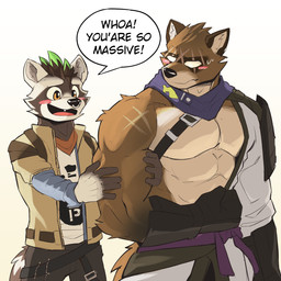 anthro arm_grab asian_clothing biceps blush bodily_fluids bottomwear brown_body brown_fur clothing dialogue duo east_asian_clothing excited facial_piercing facial_scar flexing fur grabbing highlights_(coloring) jacket japanese_clothing kerchief male male/male muscular muscular_anthro muscular_male nose_piercing nose_ring pecs piercing praise ring_piercing scar shirt size_difference smile sweat sweatdrop tan_body tan_fur text topwear white_body white_eyes white_fur bangokami epic_games fortnite hajime_(fortnite) rufus_(fortnite) canid canine mammal procyonid raccoon raccoon_dog tanuki 1:1 2025 digital_media_(artwork) english_text hi_res
