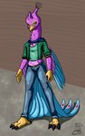 anthro avian_feet beak biped blue_body clothing feathered_crest feathered_wings feathers green_eyes head_crest male pink_body scarf solo tail tail_feathers winged_arms wings gyrotech silent_e gyro_feather avian bird galliform peafowl phasianid