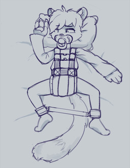 ambiguous_gender anthro bdsm bedding bondage bound clothing diaper harness pacifier pawpads pillow restraints simple_background solo spreader_bar submissive submissive_ambiguous young young_anthro skidoo 2015 digital_drawing_(artwork) digital_media_(artwork) monochrome sketch