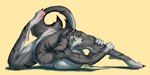 anthro backbend big_breasts black_claws black_nose breasts claws countershade_face countershade_torso countershading curling_tail female flexible fur fur_markings genitals green_eyes grey_body grey_fur grey_stripes leg_markings markings pawpads pink_pawpads pink_pussy plantigrade pussy simple_background socks_(marking) solo striped_markings stripes tail yellow_background gyy canid mammal digital_drawing_(artwork) digital_media_(artwork) lineless shaded soft_shading