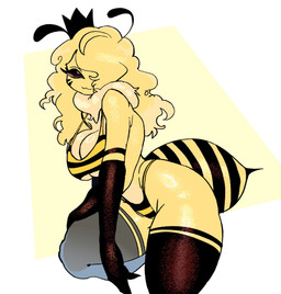 antennae_(anatomy) anthro arthropod_abdomen biped breasts butt cleavage clothed clothing crown female fluffy hair hair_over_eye headgear one_eye_visible raised_leg simple_background solo stinger thong underwear yellow_body maxneton arthropod bee hymenopteran insect hi_res portrait three-quarter_portrait