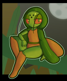 antennae_(anatomy) anthro biped clothing female green_body green_clothing green_eyes leaf moon night outside plant red_sclera sitting solo lizardfungus bug_fables moonsprout_games acolyte_aria_(bug_fables) arthropod insect mantis 2024