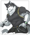 anthro clock clothing green_eyes male muscular muscular_anthro muscular_male pecs red_sclera shirt solo tank_top topwear watch wristwatch izm_rm7 lifewonders live_a_hero monomasa canid canine canis domestic_dog husky mammal nordic_sled_dog spitz absurd_res hi_res