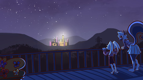 anthro black_body city city_background clothed clothing detailed_background duo female fur hair tail white_body srlykaios samantha_(bateryne) viola_(scrambledeve) lagomorph leporid mammal mephitid rabbit skunk 16:9 hi_res widescreen