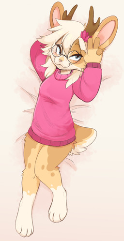 4_fingers 4_toes anthro antlers bangs bed blonde_hair blush bottomless brown_horn cheek_tuft clothed clothing eyelashes eyewear facial_tuft feet female fingers freckled_face freckles furniture gesture glasses hair hand_behind_head hand_gesture horn long_eyelashes markings on_bed paws pink_clothing pink_nose pink_sweater pink_topwear round_glasses smile solo sweater tail toes topwear tuft v_sign wearing_glasses whiskers feve jackalope lagomorph mammal absurd_res colored digital_drawing_(artwork) digital_media_(artwork) hi_res shaded