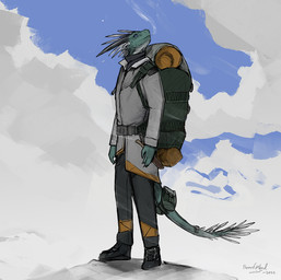 5_fingers accessory anthro backpack bag black_boots black_bottomwear black_clothing black_footwear black_pants black_shirt black_topwear blue_eyes boots bottomwear breath clothing cloud day detailed_background feathers fingers footwear furgonomics green_body grey_clothing grey_jacket grey_topwear head_spikes horn jacket knife light looking_up male outside pants shirt shoes sky solo spikes spikes_(anatomy) standing straps sunlight tail tail_accessory tail_bag tail_feathers topwear themefinland mythology finn_(themefinland) dragon mythological_creature mythological_scalie scalie wingless_dragon 2022 digital_media_(artwork)