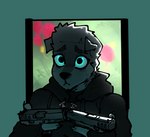 anthro big_eyes black_clothing clothing gun holding_gun holding_object holding_ranged_weapon holding_weapon looking_up male ranged_weapon simple_background solo trigger_discipline weapon goonie-san glock_19 goon_(goonie_san) canid canine canis domestic_dog mammal wolf hi_res