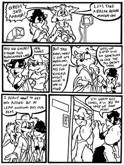 anthro bathrobe clothing dialogue duo female female/female group male male/female robe text trio david_hopkins jack_(webcomic) amanda_royale drip_(jack) canid canine domestic_cat felid feline felis fox mammal murid murine rat rodent comic english_text hi_res monochrome