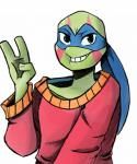 anthro blue_eyes clothed clothing facial_markings gesture head_markings kerchief looking_at_viewer male markings mask shell simple_background smile solo sweater topwear waving white_background inkyfrog rise_of_the_teenage_mutant_ninja_turtles teenage_mutant_ninja_turtles leonardo_(tmnt) pond_slider red-eared_terrapin reptile scalie terrapin turtle 2018 hi_res