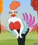 anthro beak beakstick bent_over big_breasts breasts female furgonomics grass hair hanging_breasts huge_breasts lipstick looking_at_viewer makeup nipples non-mammal_nipples plant solo tree colty8 chalkzone nickelodeon the_smooch avian bird hi_res