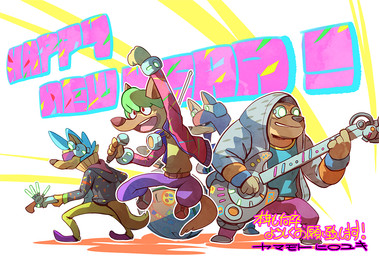 anthro bottomwear clothing electric_guitar group guitar musical_instrument pants plucked_string_instrument shirt string_instrument text topwear yamowl canid canine canis domestic_dog mammal 2018 english_text japanese_text