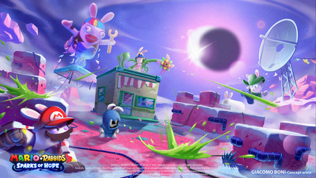 4_fingers anthro attack balloon battle black_facial_hair black_mustache blue_cloak blue_clothing blue_eyes blue_hair blue_overalls blue_sky bottomwear building cloak closed_frown closed_smile clothed clothed_anthro clothed_female clothed_male clothing cloud copyright_symbol door eclipse facial_hair fangs featureless_legs female female_anthro fingers fist floating_rocks food frown fruit fully_clothed fully_clothed_anthro fully_clothed_female fully_clothed_male fur gauntlets_(weapon) green_bottomwear green_clothing green_hat green_headwear green_skirt group hair hair_over_eyes hat headgear headwear hooded_cloak inflatable light long_ears male male_anthro melon midair mitten_hands mouth_closed mustache narrowed_eyes neon_sign noseless on_building on_roof overalls pipe plant purple_clothing purple_eyelids purple_shirt purple_topwear red_clothing red_hat red_headwear rock satellite_dish shirt shooting sideways_hat sign skirt sky slime smile squint standing symbol tan_inner_ear teeth text title topwear vines watermelon white_body white_fur white_mask window worried_look giacomo_boni mario_bros mario_plus_rabbids_kingdom_battle mario_plus_rabbids_sparks_of_hope nintendo raving_rabbids rayman_(series) ubisoft daphne_(mario_plus_rabbids) rabbid_luigi rabbid_mario stooge_(mario_plus_rabbids) elemental_creature flora_fauna hybrid lagomorph mammal rabbid 2023 adobe_photoshop_(artwork) artist_name colored crossover digital_drawing_(artwork) digital_media_(artwork) english_description english_text hi_res lighting official_art procreate_(artwork) shaded