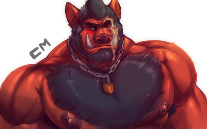 anthro armpit_hair bdsm beard biceps black_hair blush bodily_fluids body_hair brown_eyes chest_hair clothed clothing cum cum_on_face facial_hair front_view genital_fluids hair hairy jewelry lock looking_at_viewer male manly mature_male muscular muscular_anthro muscular_arms muscular_male necklace nipples one_eye_closed pecs pose precum simple_background solo standing topless tusks komboochie mammal suid suine warthog 16:10 hi_res widescreen