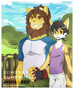 anthro border duo fur male muscular muscular_anthro muscular_male slim_anthro slim_male white_body white_border white_fur yellow_body yellow_fur oouyuki_benten felid feline leopardus mammal ocelot pantherine tiger 2011