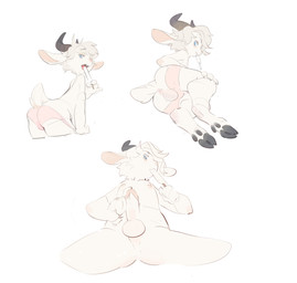 2_horns adolescent anthro anus balls bedroom_eyes blue_eyes butt claws clothed clothing clothing_pull erection finger_claws food fur genitals hooves horn kemono looking_at_viewer low-angle_view male narrowed_eyes nipples nude nude_anthro nude_male partially_clothed penis pink_clothing pink_nose pink_underwear popsicle presenting presenting_hindquarters scut_tail seductive short_tail solo spread_legs spreading tail touching_penis underwear underwear_down underwear_pull white_body white_fur young young_anthro young_male sublamy123 bovid caprine goat mammal 2024 colored_sketch hi_res sketch