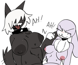 anthro areola bear_trap_teeth big_breasts bodily_fluids breast_size_difference breasts collar collar_only duo eyelashes eyes_closed female female/female fur genitals grey_areola grey_ears grey_nipples hair huge_breasts interspecies long_ears moan multicolored_body multicolored_fur navel nipples nude nude_anthro nude_female open_mouth open_smile sex sharp_teeth simple_background size_difference smile spiked_collar spikes sweat tail tail_motion tailwag teeth tongue tongue_out tribadism vaginal vulva white_background white_hair xarop77 sheep_(xarop77) canid canine canis lagomorph leporid mammal rabbit wolf 2025 digital_drawing_(artwork) digital_media_(artwork) english_description
