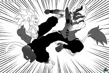 anthro clothed clothing duo feet fight fur hair male nipples simple_background tail teeth prismanoodle asnee tama_(prismanoodle) haplorhine mammal monkey primate 3:2 hi_res