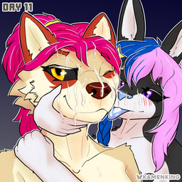 blush blush_lines bodily_fluids breasts bukkake cum cum_in_mouth cum_inside cum_on_body cum_on_breasts cum_on_face cumshot dark_sclera drinking drinking_cum ejaculation face_lick female female/female genital_fluids lgbt_pride licking looking_at_another looking_at_viewer nonbinary_pride_colors pride_colors tongue kamenking kinktober colorbomb_(kamenking) eclipse_(kamenking) canid canine canis coyote lagomorph leporid mammal rabbit 1:1 hi_res trans_(lore) trans_woman_(lore)