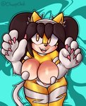 anthro big_breasts black_hair breasts claws cosplay fangs female fur hair huge_breasts paws pupils slit_pupils solo teeth thick_thighs wide_hips yellow_body yellow_fur champchidi capcom darkstalkers sega sonic_the_fighters sonic_the_hedgehog_(series) felicia_(darkstalkers) honey_the_cat domestic_cat felid feline felis mammal